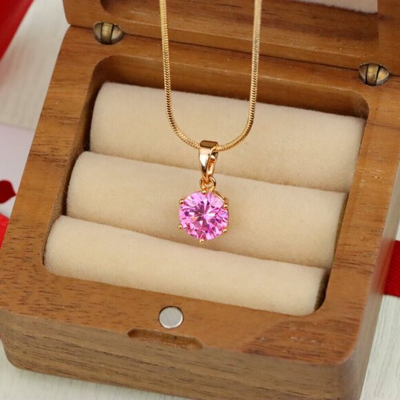 "Sparkling Pink Round Pendant in Gold Finish for Everyday Elegance, XPPT1673 - Picture 8 of 13